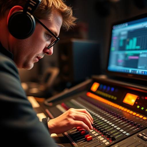 Tecnico audio che regola i livelli su una console di missaggio professionale.